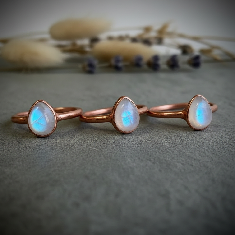 Santa Fe Marketplace Rainbow Moonstone Ring | 9x7mm Teardrop | Handcrafted Electroformed Copper | Made to Order Product Image: Rainbow Moonstone Ring | 9x7mm Teardrop | Handcrafted Electroformed Copper | Made to Order