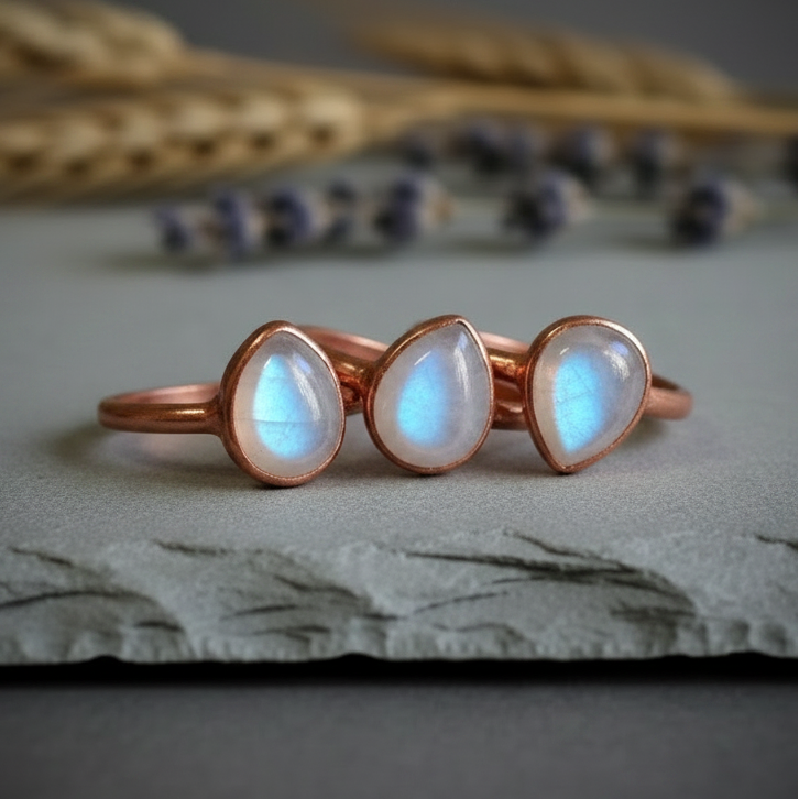 Santa Fe Marketplace Rainbow Moonstone Ring | 9x7mm Teardrop | Handcrafted Electroformed Copper | Made to Order Product Image: Rainbow Moonstone Ring | 9x7mm Teardrop | Handcrafted Electroformed Copper | Made to Order
