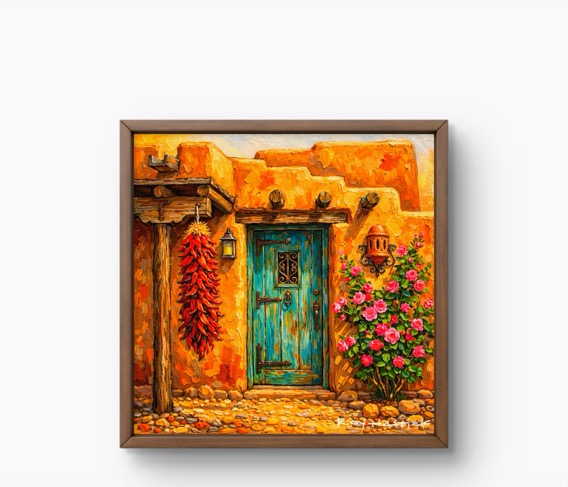 Santa Fe Marketplace MINI_The Turquoise Door of Santa Fe 12″X8″ -PRINT- Product Image: MINI_The Turquoise Door of Santa Fe 12″X8″ -PRINT-