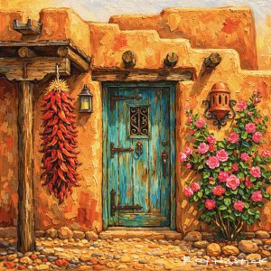 Santa Fe Marketplace MINI_The Turquoise Door of Santa Fe 12″X8″ -PRINT- Product Image: MINI_The Turquoise Door of Santa Fe 12″X8″ -PRINT-
