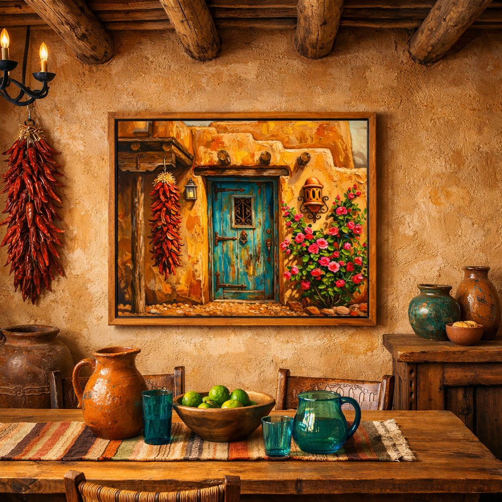 Santa Fe Marketplace MINI_The Turquoise Door of Santa Fe 12″X8″ -PRINT- Product Image: MINI_The Turquoise Door of Santa Fe 12″X8″ -PRINT-