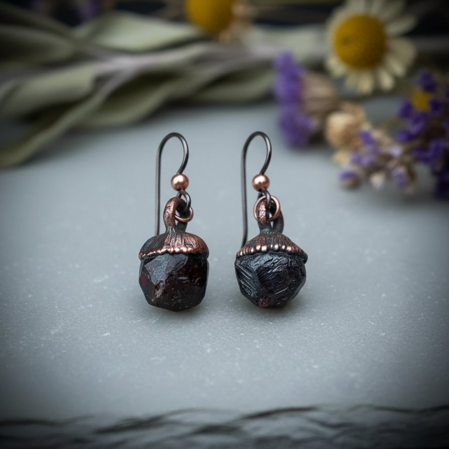 Santa Fe Marketplace Spessartine Garnet Earrings | Raw Dodecahedral Crystals | Handcrafted Electroformed Copper | Made to Order Product Image: Spessartine Garnet Earrings | Raw Dodecahedral Crystals | Handcrafted Electroformed Copper | Made to Order