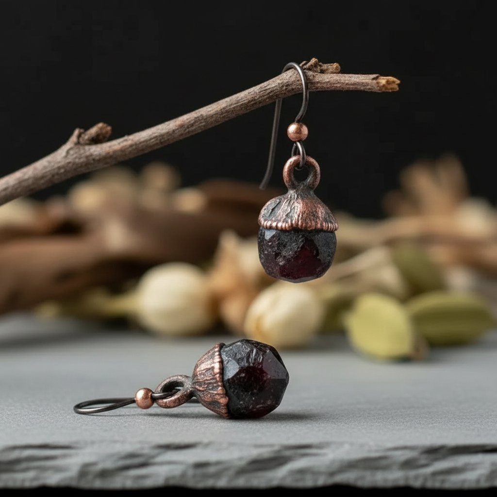 Santa Fe Marketplace Spessartine Garnet Earrings | Raw Dodecahedral Crystals | Handcrafted Electroformed Copper | Made to Order Product Image: Spessartine Garnet Earrings | Raw Dodecahedral Crystals | Handcrafted Electroformed Copper | Made to Order