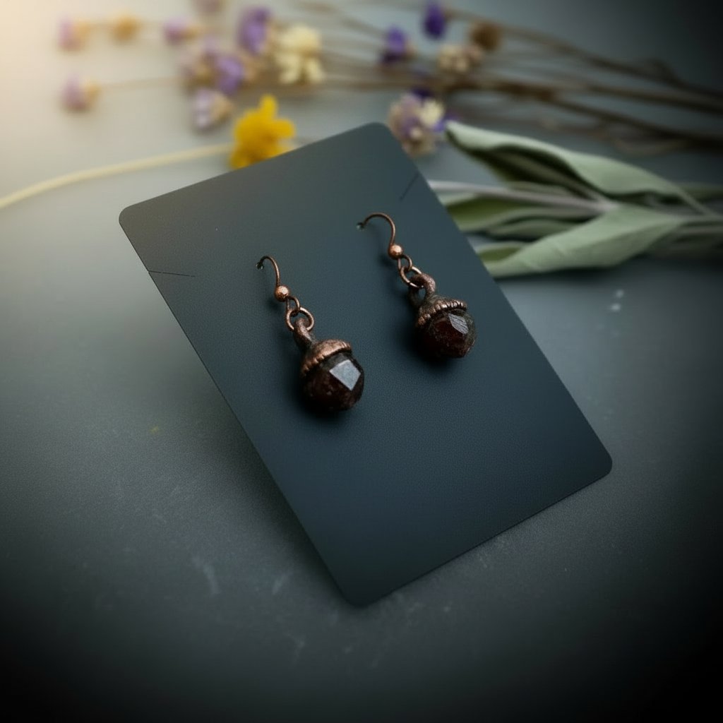 Santa Fe Marketplace Spessartine Garnet Earrings | Raw Dodecahedral Crystals | Handcrafted Electroformed Copper | Made to Order Product Image: Spessartine Garnet Earrings | Raw Dodecahedral Crystals | Handcrafted Electroformed Copper | Made to Order