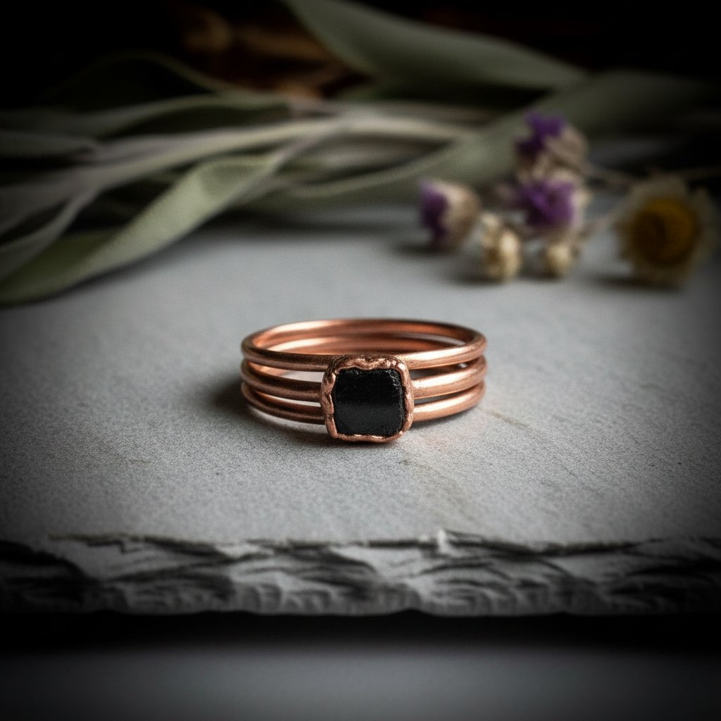 Santa Fe Marketplace Black Tourmaline Stack Ring Set | Electroformed Copper | Made to Order Product Image: Black Tourmaline Stack Ring Set | Electroformed Copper | Made to Order