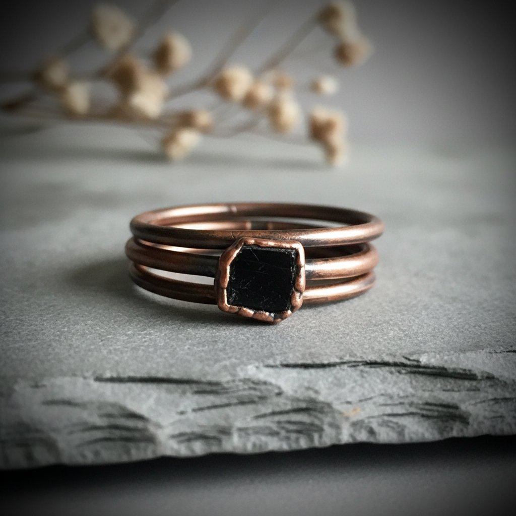 Santa Fe Marketplace Black Tourmaline Stack Ring Set | Electroformed Copper | Made to Order Product Image: Black Tourmaline Stack Ring Set | Electroformed Copper | Made to Order