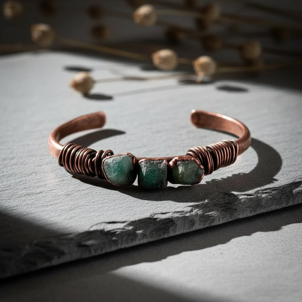 Santa Fe Marketplace Raw Emerald Copper Cuff | Three-Stone | Handcrafted Electroformed Copper | Made to Order Product Image: Raw Emerald Copper Cuff | Three-Stone | Handcrafted Electroformed Copper | Made to Order