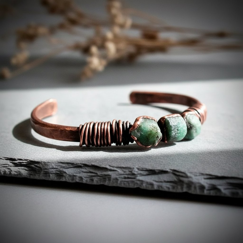 Santa Fe Marketplace Raw Emerald Copper Cuff | Three-Stone | Handcrafted Electroformed Copper | Made to Order Product Image: Raw Emerald Copper Cuff | Three-Stone | Handcrafted Electroformed Copper | Made to Order