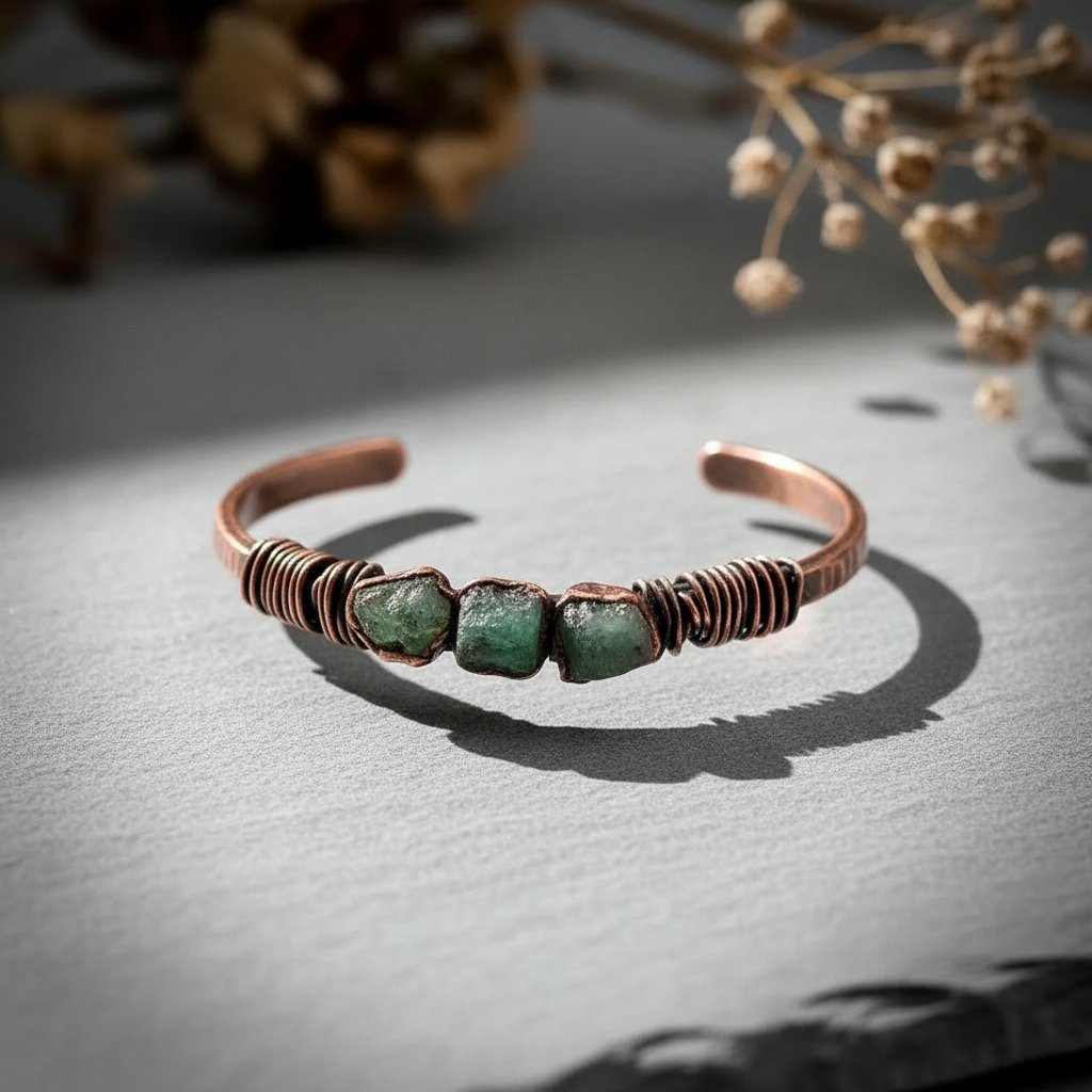 Santa Fe Marketplace Raw Emerald Copper Cuff | Three-Stone | Handcrafted Electroformed Copper | Made to Order Product Image: Raw Emerald Copper Cuff | Three-Stone | Handcrafted Electroformed Copper | Made to Order
