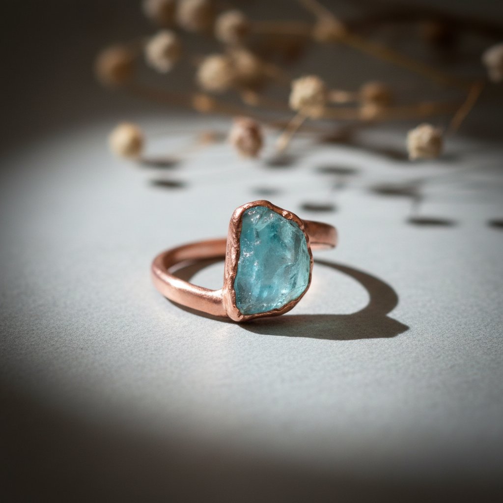 Santa Fe Marketplace Raw Aquamarine Ring | Electroformed Copper | Hand Hammered Band | March Birthstone Product Image: Raw Aquamarine Ring | Electroformed Copper | Hand Hammered Band | March Birthstone
