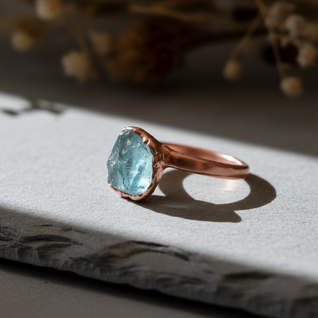 Santa Fe Marketplace Raw Aquamarine Ring | Electroformed Copper | Hand Hammered Band | March Birthstone Product Image: Raw Aquamarine Ring | Electroformed Copper | Hand Hammered Band | March Birthstone