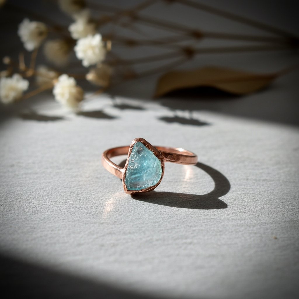 Santa Fe Marketplace Raw Aquamarine Ring | Electroformed Copper | Hand Hammered Band | March Birthstone Product Image: Raw Aquamarine Ring | Electroformed Copper | Hand Hammered Band | March Birthstone