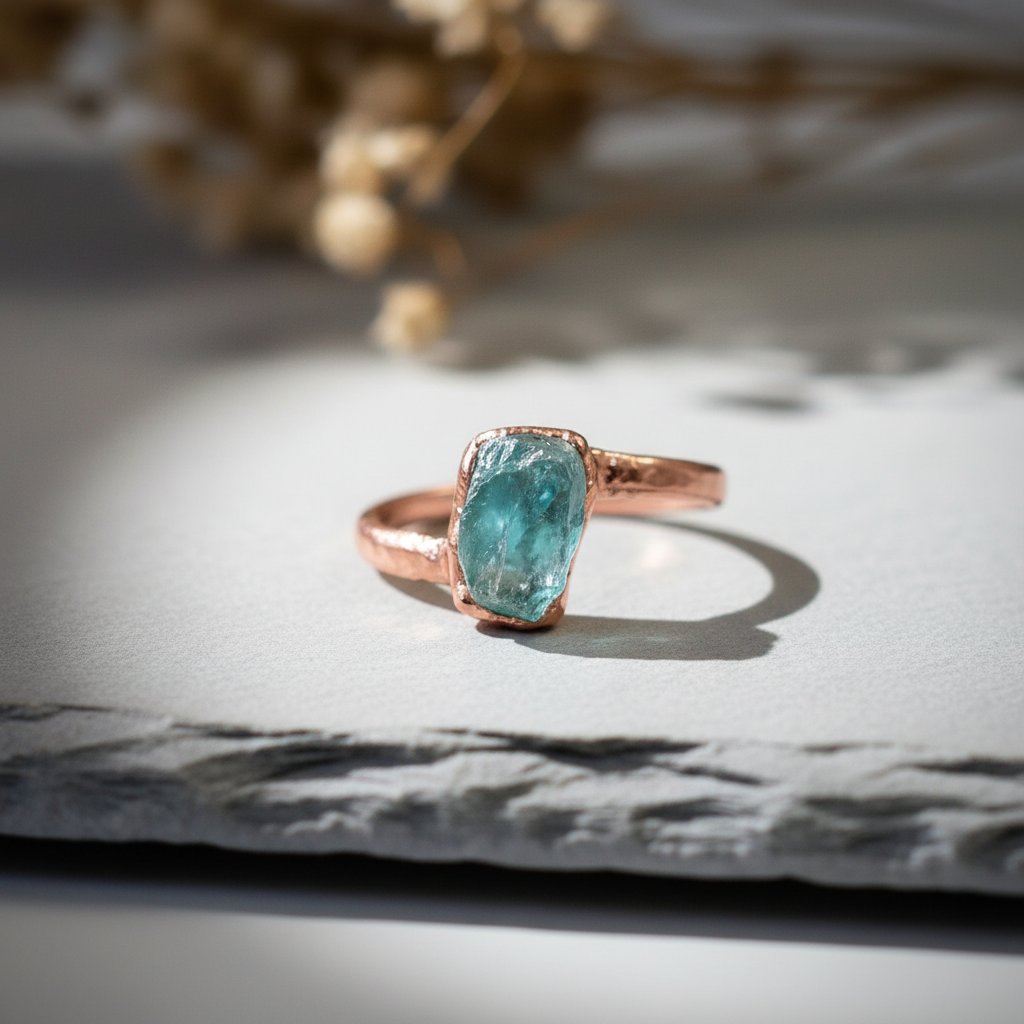 Santa Fe Marketplace Raw Aquamarine Ring | Electroformed Copper | Hand Hammered Band | March Birthstone Product Image: Raw Aquamarine Ring | Electroformed Copper | Hand Hammered Band | March Birthstone