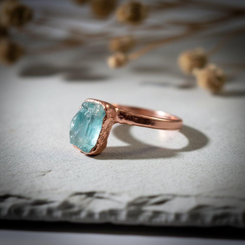 Santa Fe Marketplace Raw Aquamarine Ring | Electroformed Copper | Hand Hammered Band | March Birthstone Product Image: Raw Aquamarine Ring | Electroformed Copper | Hand Hammered Band | March Birthstone