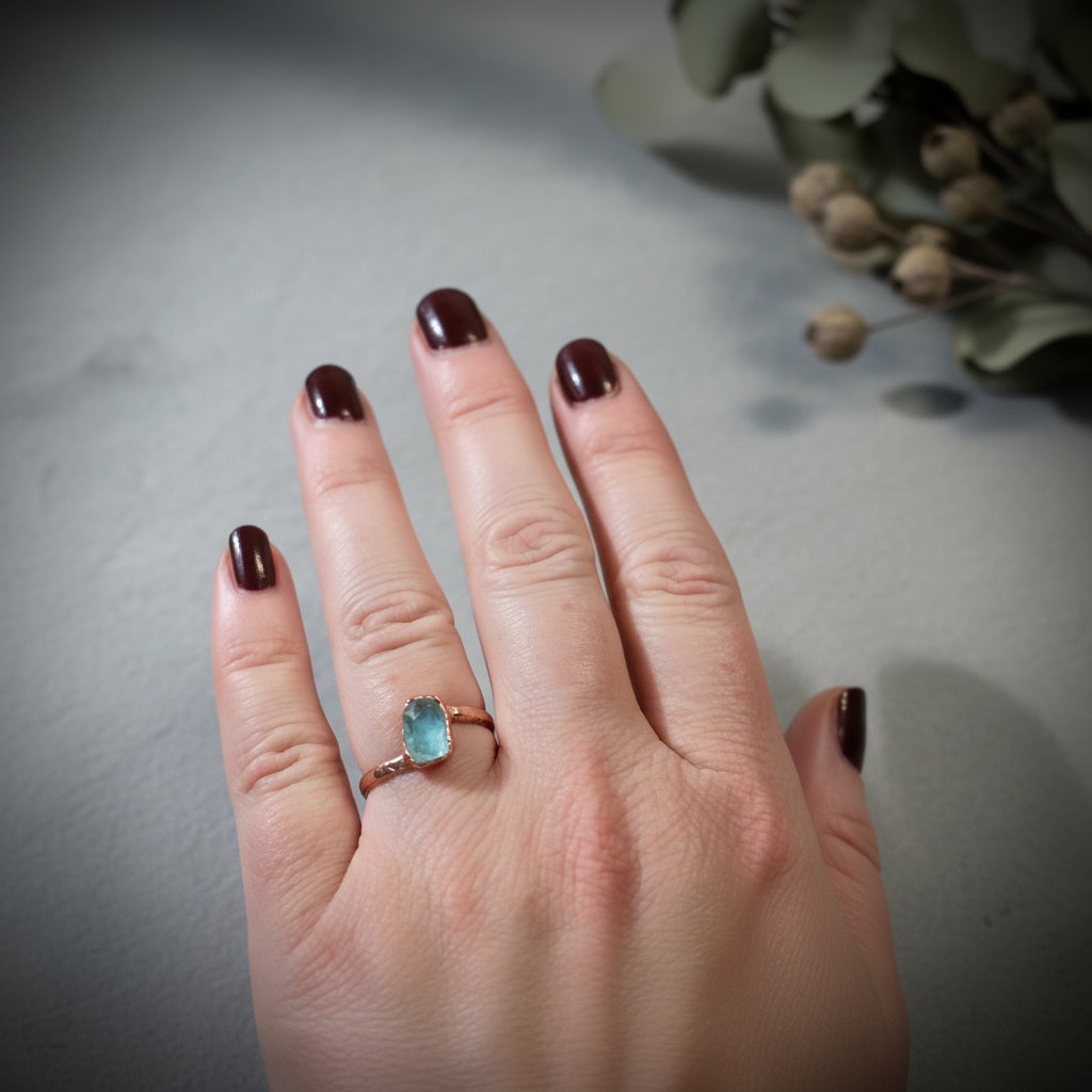Santa Fe Marketplace Raw Aquamarine Ring | Electroformed Copper | Hand Hammered Band | March Birthstone Product Image: Raw Aquamarine Ring | Electroformed Copper | Hand Hammered Band | March Birthstone