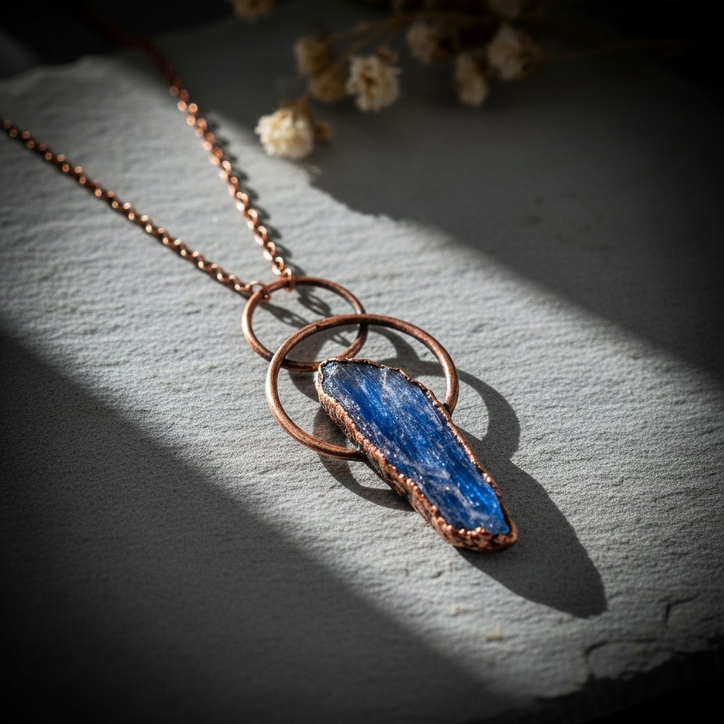 Santa Fe Marketplace Blue Kyanite Necklace | Raw Blade | Layered Loop Electroformed Copper | Handcrafted Product Image: Blue Kyanite Necklace | Raw Blade | Layered Loop Electroformed Copper | Handcrafted
