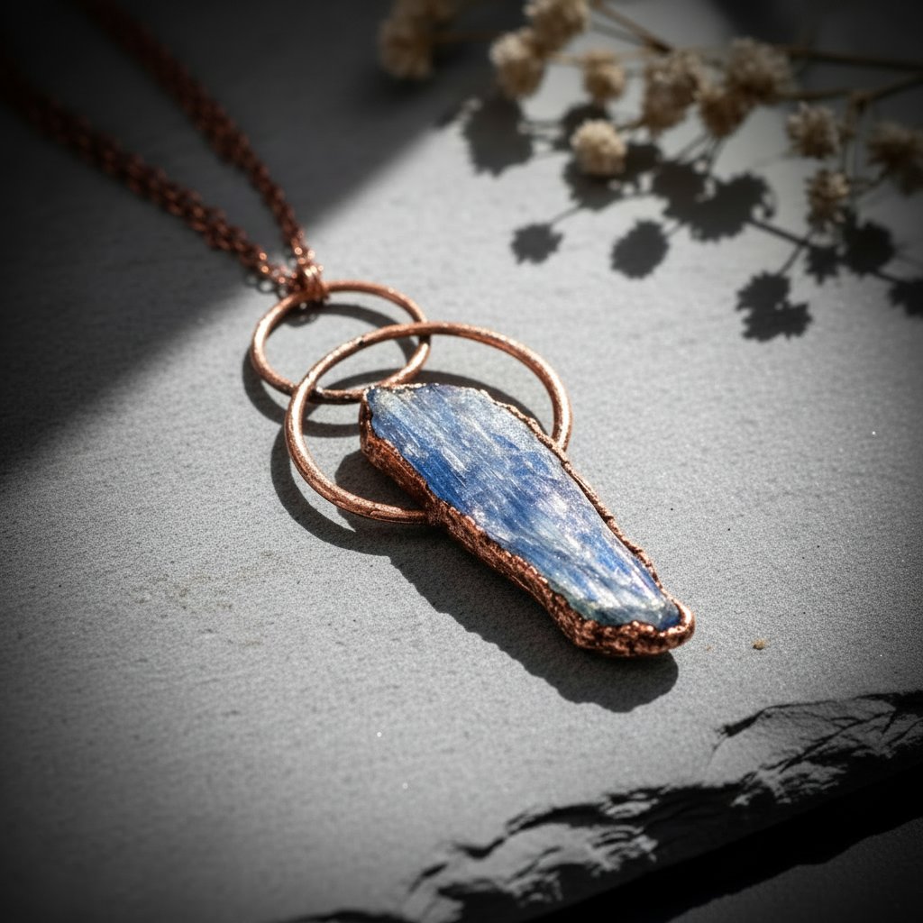 Santa Fe Marketplace Blue Kyanite Necklace | Raw Blade | Layered Loop Electroformed Copper | Handcrafted Product Image: Blue Kyanite Necklace | Raw Blade | Layered Loop Electroformed Copper | Handcrafted