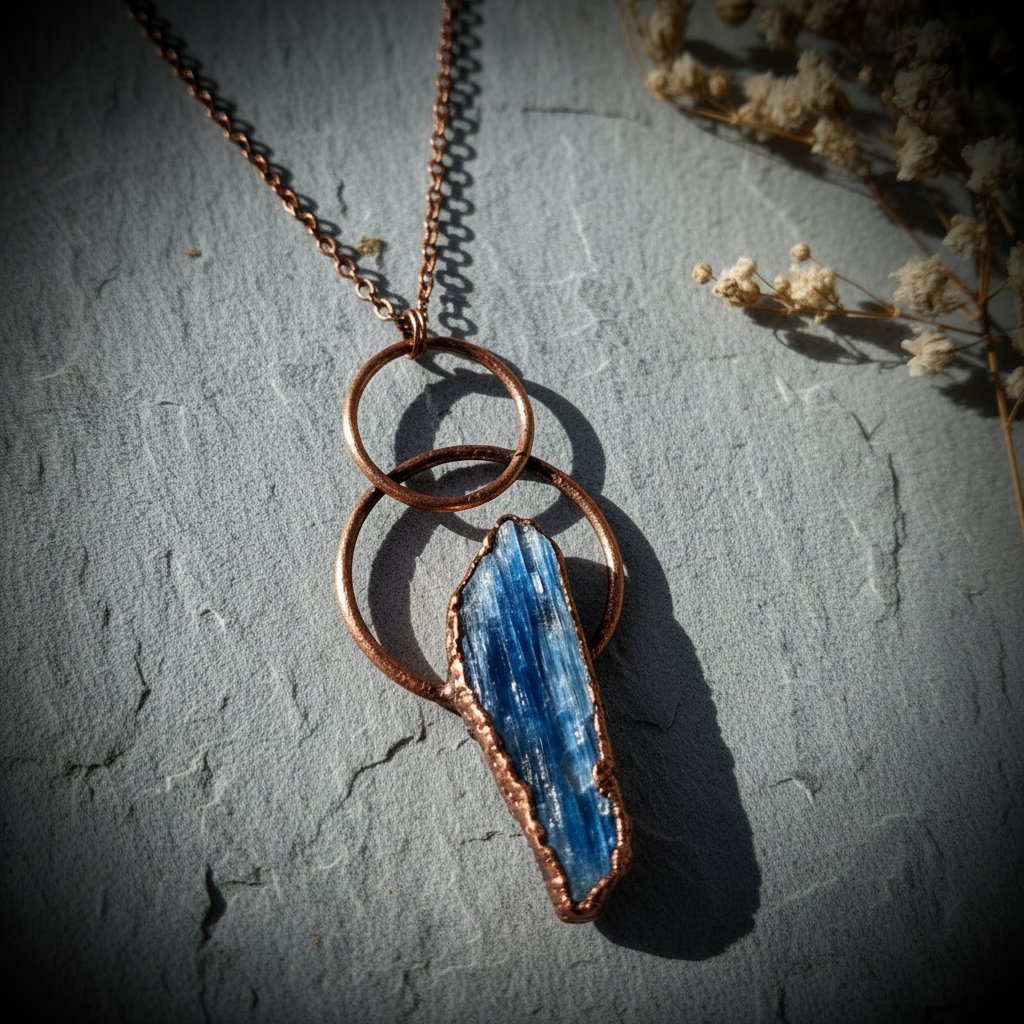 Santa Fe Marketplace Blue Kyanite Necklace | Raw Blade | Layered Loop Electroformed Copper | Handcrafted Product Image: Blue Kyanite Necklace | Raw Blade | Layered Loop Electroformed Copper | Handcrafted