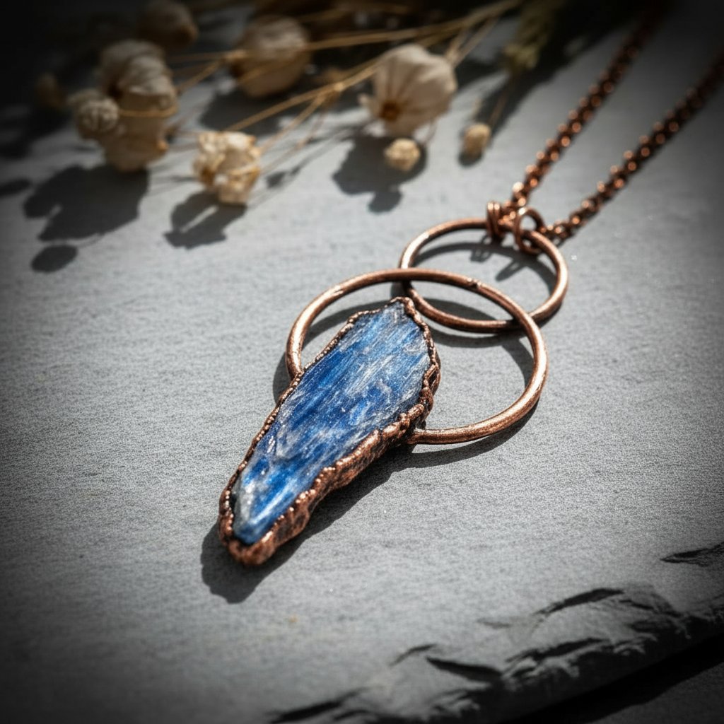Santa Fe Marketplace Blue Kyanite Necklace | Raw Blade | Layered Loop Electroformed Copper | Handcrafted Product Image: Blue Kyanite Necklace | Raw Blade | Layered Loop Electroformed Copper | Handcrafted