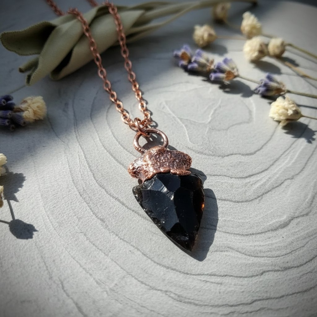 Santa Fe Marketplace Obsidian Arrowhead Necklace | Raw Volcanic Glass | Handcrafted Electroformed Copper | Ready to Ship Product Image: Obsidian Arrowhead Necklace | Raw Volcanic Glass | Handcrafted Electroformed Copper | Ready to Ship