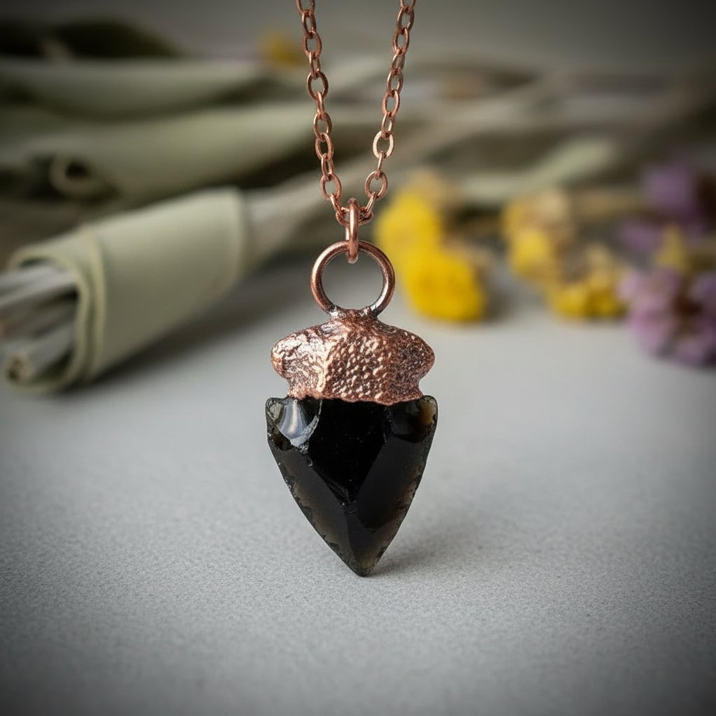 Santa Fe Marketplace Obsidian Arrowhead Necklace | Raw Volcanic Glass | Handcrafted Electroformed Copper | Ready to Ship Product Image: Obsidian Arrowhead Necklace | Raw Volcanic Glass | Handcrafted Electroformed Copper | Ready to Ship