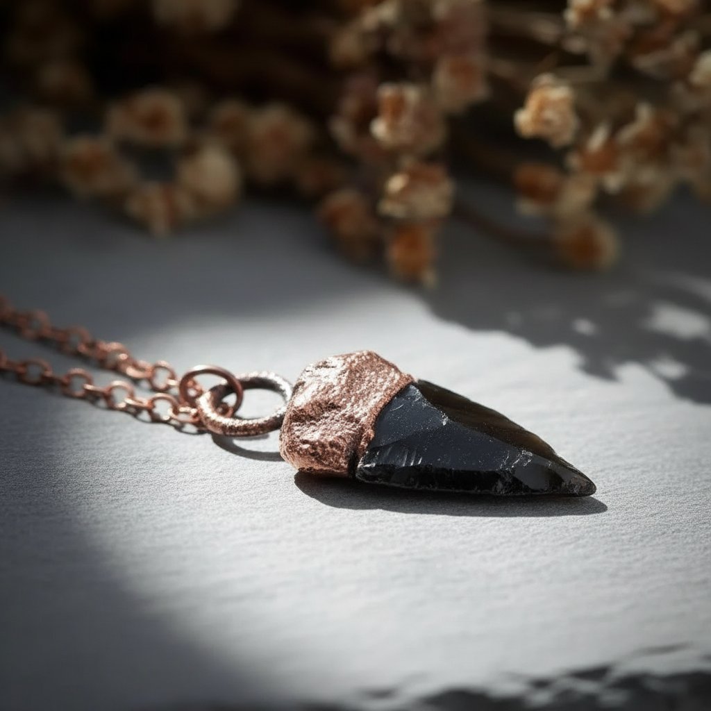 Santa Fe Marketplace Obsidian Arrowhead Necklace | Raw Volcanic Glass | Handcrafted Electroformed Copper | Ready to Ship Product Image: Obsidian Arrowhead Necklace | Raw Volcanic Glass | Handcrafted Electroformed Copper | Ready to Ship