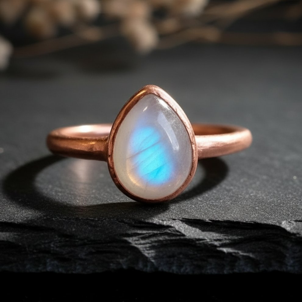 Santa Fe Marketplace Rainbow Moonstone Ring | 9x7mm Teardrop | Handcrafted Electroformed Copper | Made to Order Product Image: Rainbow Moonstone Ring | 9x7mm Teardrop | Handcrafted Electroformed Copper | Made to Order