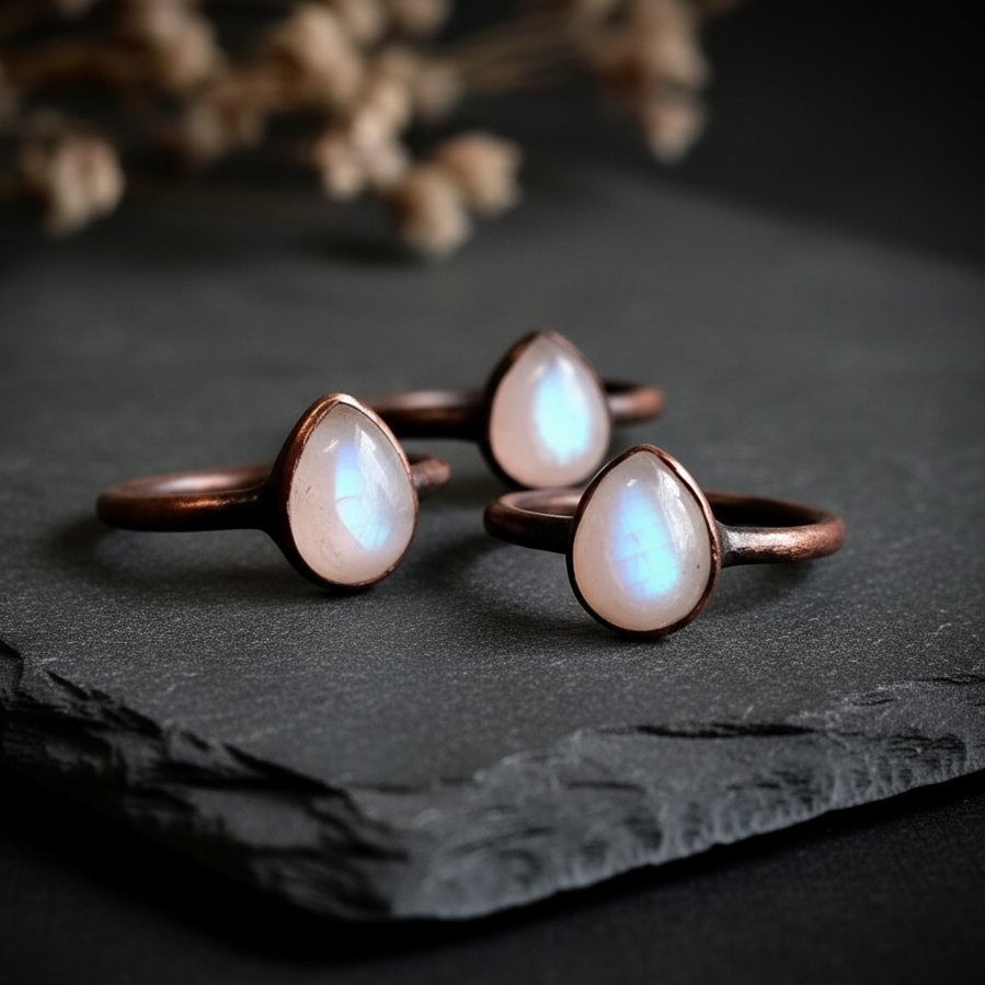 Santa Fe Marketplace Rainbow Moonstone Ring | 9x7mm Teardrop | Handcrafted Electroformed Copper | Made to Order Product Image: Rainbow Moonstone Ring | 9x7mm Teardrop | Handcrafted Electroformed Copper | Made to Order