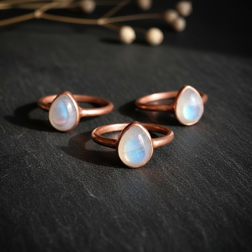 Santa Fe Marketplace Rainbow Moonstone Ring | 9x7mm Teardrop | Handcrafted Electroformed Copper | Made to Order Product Image: Rainbow Moonstone Ring | 9x7mm Teardrop | Handcrafted Electroformed Copper | Made to Order
