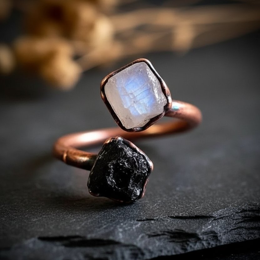 Santa Fe Marketplace Moonstone and Black Tourmaline Ring | Electroformed Copper | Made to Order Product Image: Moonstone and Black Tourmaline Ring | Electroformed Copper | Made to Order