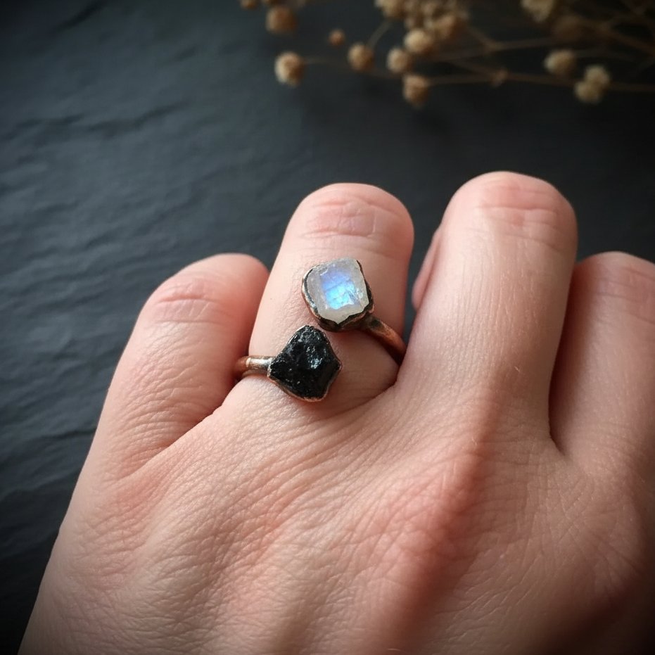 Santa Fe Marketplace Moonstone and Black Tourmaline Ring | Electroformed Copper | Made to Order Product Image: Moonstone and Black Tourmaline Ring | Electroformed Copper | Made to Order