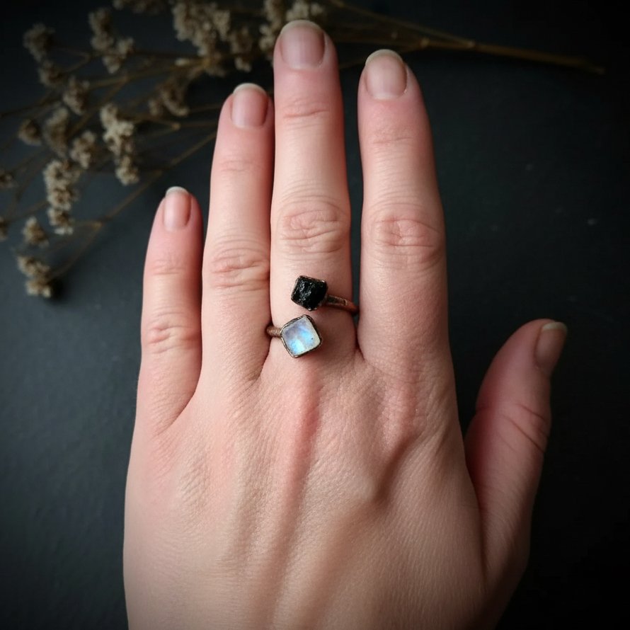 Santa Fe Marketplace Moonstone and Black Tourmaline Ring | Electroformed Copper | Made to Order Product Image: Moonstone and Black Tourmaline Ring | Electroformed Copper | Made to Order