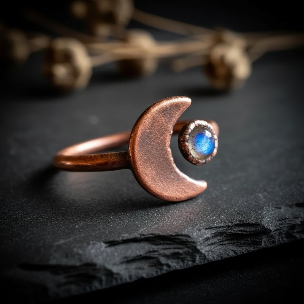 Santa Fe Marketplace Labradorite Crescent Moon Ring | Electroformed Copper | Made to Order Product Image: Labradorite Crescent Moon Ring | Electroformed Copper | Made to Order