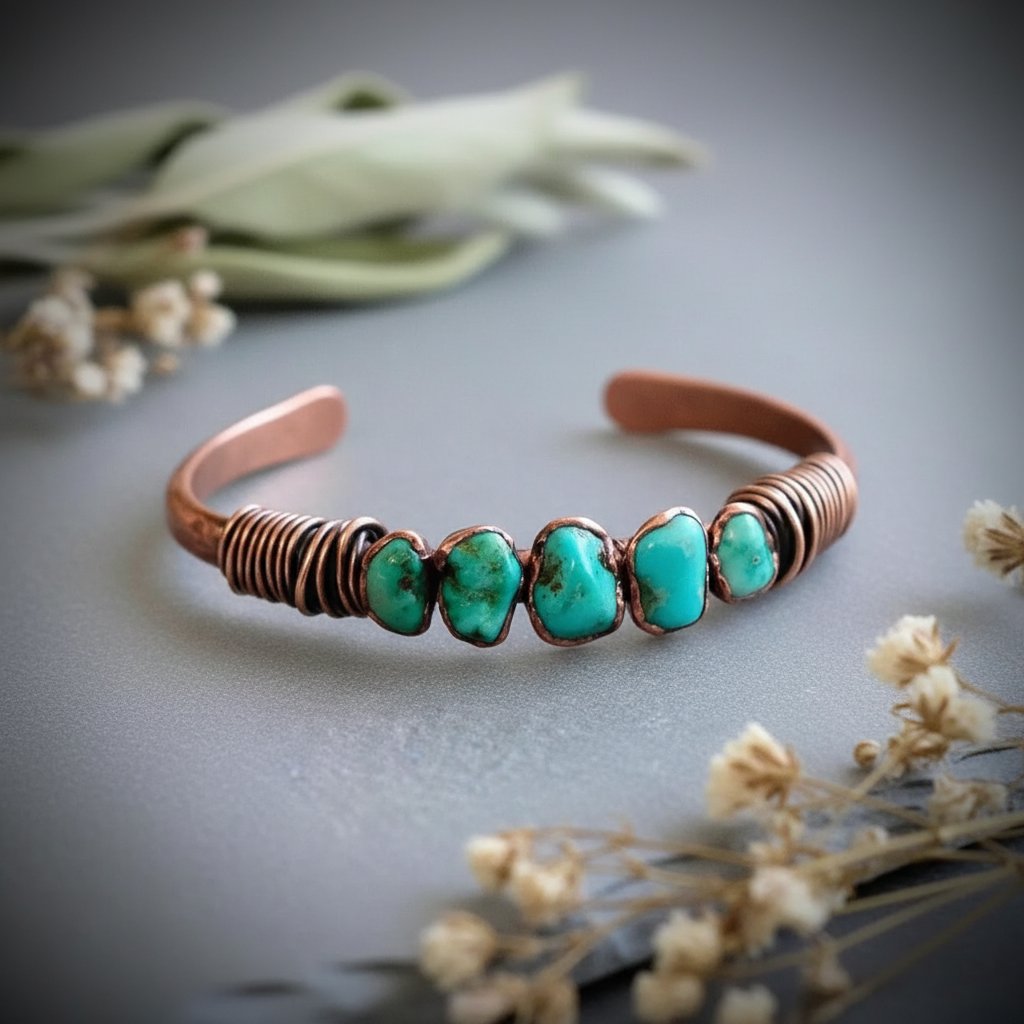 Santa Fe Marketplace Raw Sonoran Turquoise Copper Cuff | Bronze Wire Wrap | Handcrafted Electroformed Copper | Made to Order Product Image: Raw Sonoran Turquoise Copper Cuff | Bronze Wire Wrap | Handcrafted Electroformed Copper | Made to Order
