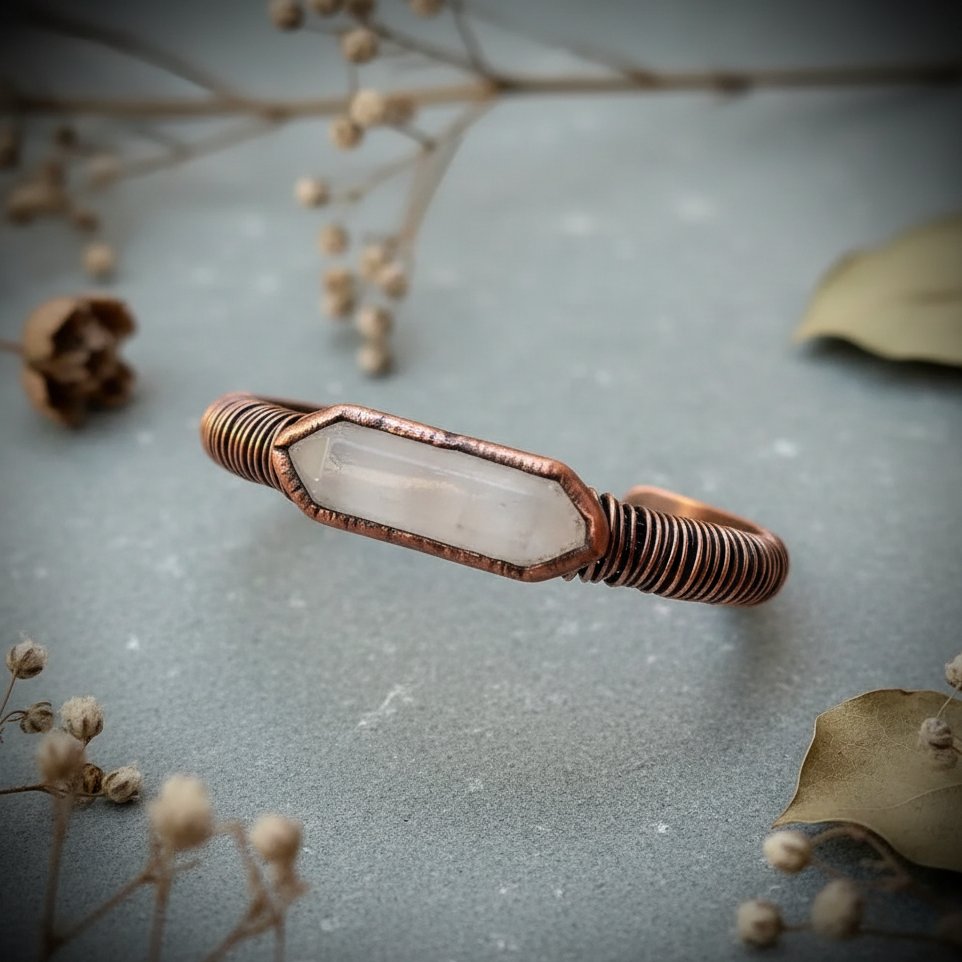 Santa Fe Marketplace Quartz Double Terminated Copper Cuff | Bronze Wire Wrap | Handcrafted Electroformed Copper | Made to Order Product Image: Quartz Double Terminated Copper Cuff | Bronze Wire Wrap | Handcrafted Electroformed Copper | Made to Order