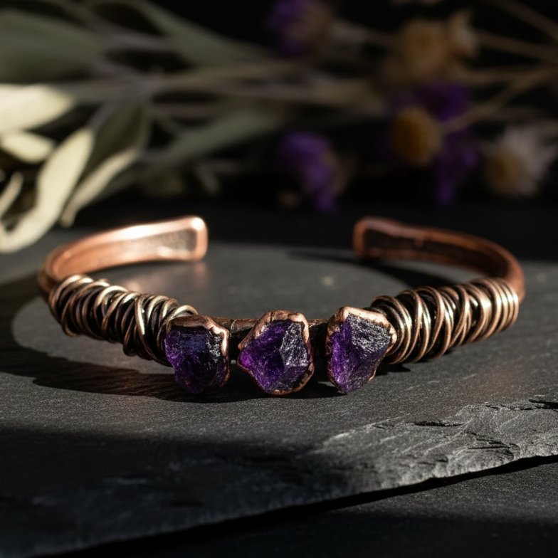 Santa Fe Marketplace Raw Amethyst Copper Cuff | Bronze Wire Wrap | Handcrafted Electroformed Copper | Made to Order Product Image: Raw Amethyst Copper Cuff | Bronze Wire Wrap | Handcrafted Electroformed Copper | Made to Order