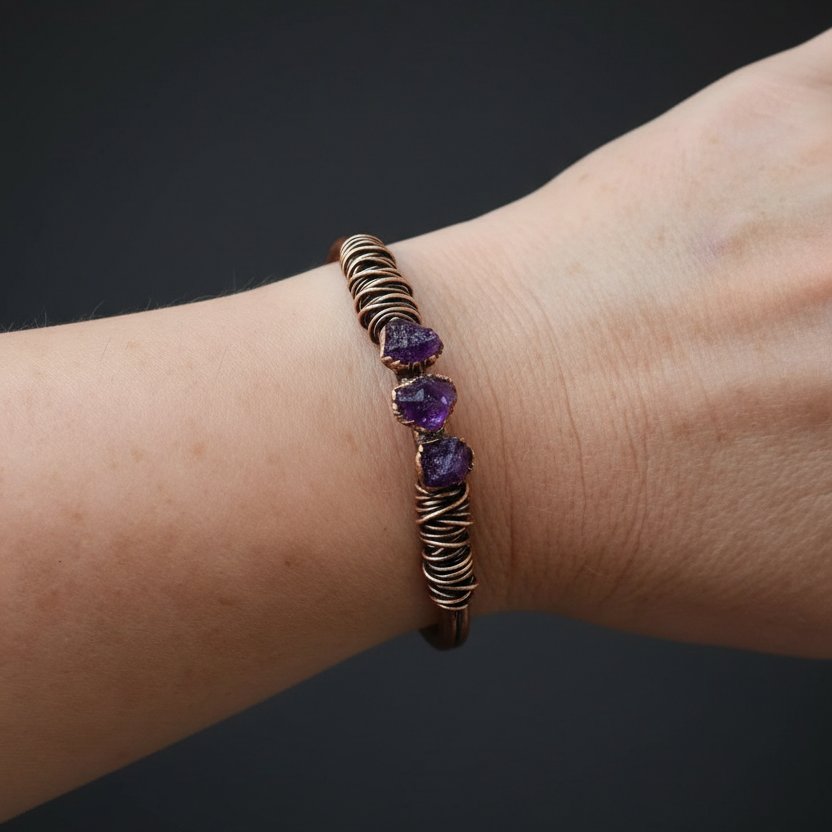 Santa Fe Marketplace Raw Amethyst Copper Cuff | Bronze Wire Wrap | Handcrafted Electroformed Copper | Made to Order Product Image: Raw Amethyst Copper Cuff | Bronze Wire Wrap | Handcrafted Electroformed Copper | Made to Order
