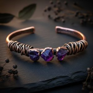 Product Image: Raw Amethyst Copper Cuff | Bronze Wire Wrap | Handcrafted Electroformed Copper | Made to Order