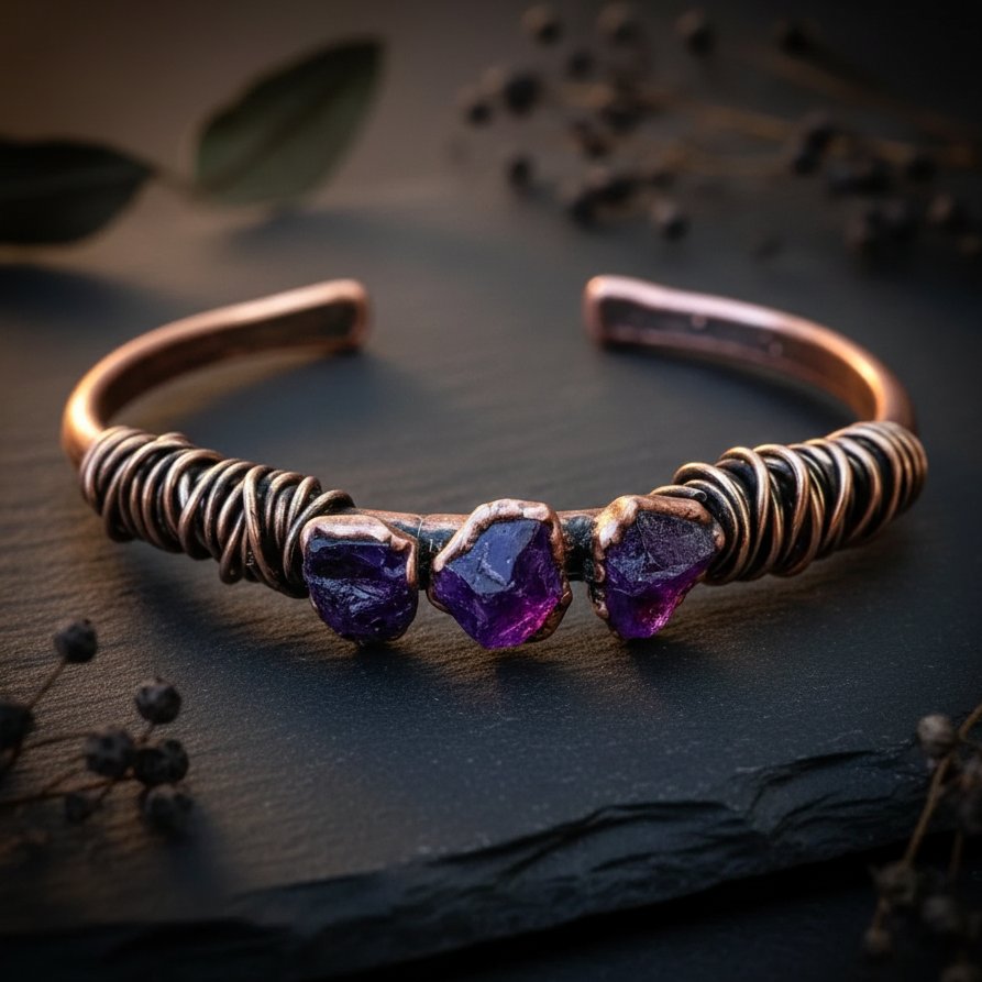 Santa Fe Marketplace Raw Amethyst Copper Cuff | Bronze Wire Wrap | Handcrafted Electroformed Copper | Made to Order Product Image: Raw Amethyst Copper Cuff | Bronze Wire Wrap | Handcrafted Electroformed Copper | Made to Order