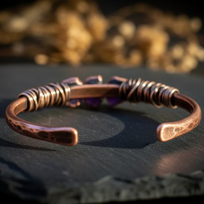 Santa Fe Marketplace Raw Amethyst Copper Cuff | Bronze Wire Wrap | Handcrafted Electroformed Copper | Made to Order Product Image: Raw Amethyst Copper Cuff | Bronze Wire Wrap | Handcrafted Electroformed Copper | Made to Order