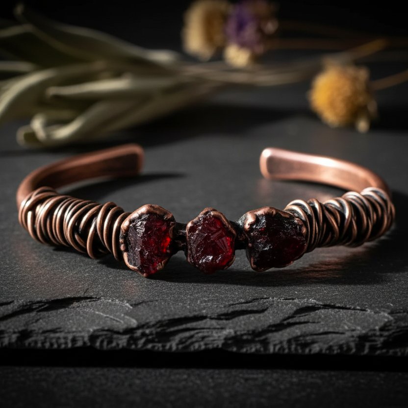 Santa Fe Marketplace Raw Garnet Copper Cuff | Bronze Wire Wrap | Handcrafted Electroformed Copper | Made to Order Product Image: Raw Garnet Copper Cuff | Bronze Wire Wrap | Handcrafted Electroformed Copper | Made to Order