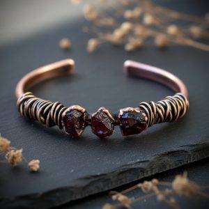 Product Image: Raw Garnet Copper Cuff | Bronze Wire Wrap | Handcrafted Electroformed Copper | Made to Order