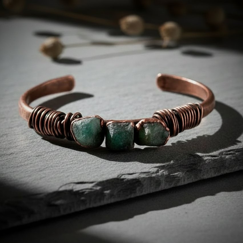 Santa Fe Marketplace Raw Emerald Copper Cuff | Three-Stone | Handcrafted Electroformed Copper | Made to Order Product Image: Raw Emerald Copper Cuff | Three-Stone | Handcrafted Electroformed Copper | Made to Order