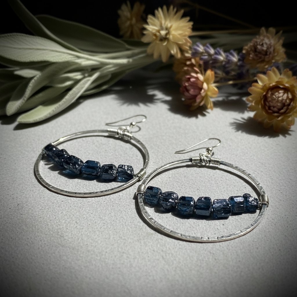 Santa Fe Marketplace Black Tourmaline Rod Hoop Earrings | Raw Crystal Row | Handcrafted Sterling Silver | Made to Order Product Image: Black Tourmaline Rod Hoop Earrings | Raw Crystal Row | Handcrafted Sterling Silver | Made to Order
