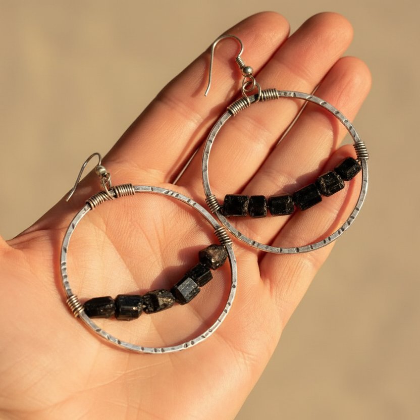 Santa Fe Marketplace Black Tourmaline Rod Hoop Earrings | Raw Crystal Row | Handcrafted Sterling Silver | Made to Order Product Image: Black Tourmaline Rod Hoop Earrings | Raw Crystal Row | Handcrafted Sterling Silver | Made to Order