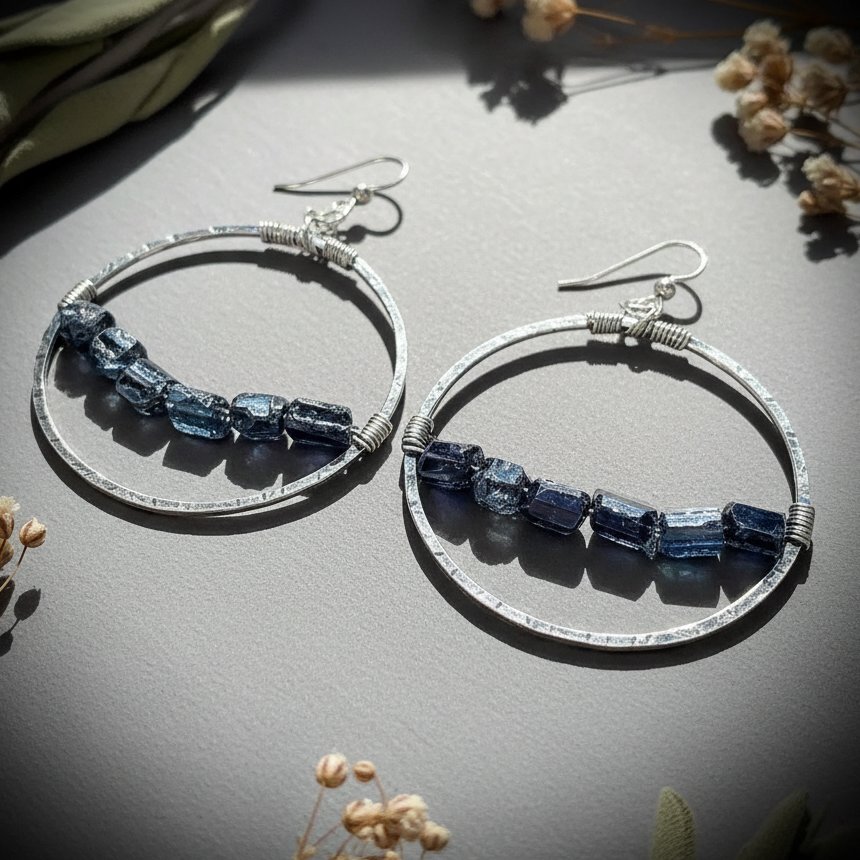 Santa Fe Marketplace Black Tourmaline Rod Hoop Earrings | Raw Crystal Row | Handcrafted Sterling Silver | Made to Order Product Image: Black Tourmaline Rod Hoop Earrings | Raw Crystal Row | Handcrafted Sterling Silver | Made to Order
