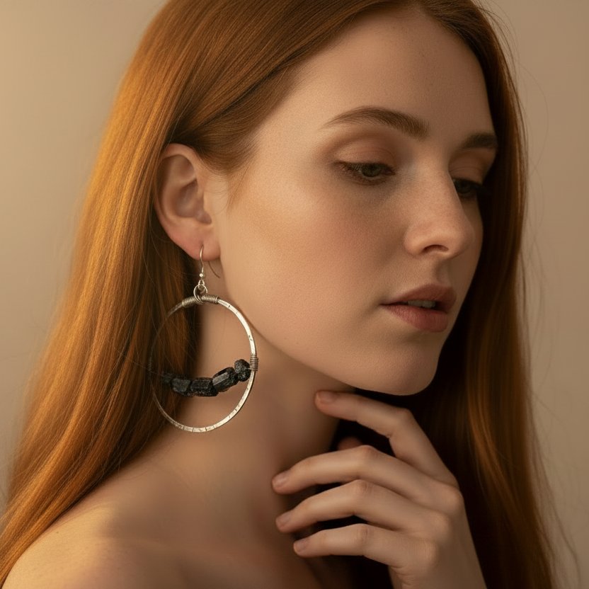 Santa Fe Marketplace Black Tourmaline Rod Hoop Earrings | Raw Crystal Row | Handcrafted Sterling Silver | Made to Order Product Image: Black Tourmaline Rod Hoop Earrings | Raw Crystal Row | Handcrafted Sterling Silver | Made to Order