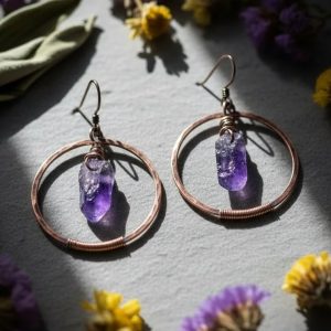 Product Image: Raw Amethyst Hoop Earrings | Raw Crystal Point | Handcrafted Electroformed Copper | Made to Order