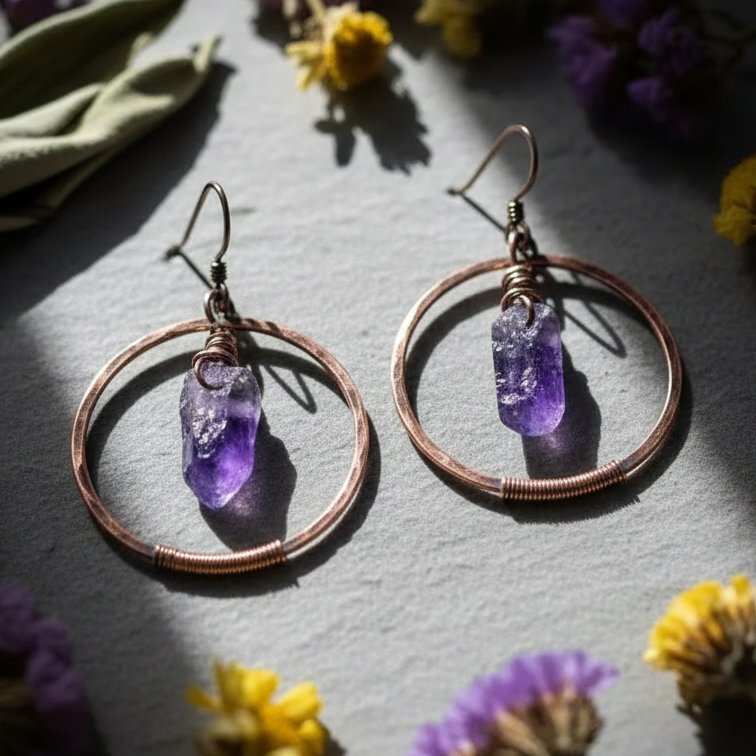 Santa Fe Marketplace Raw Amethyst Hoop Earrings | Raw Crystal Point | Handcrafted Electroformed Copper | Made to Order Product Image: Raw Amethyst Hoop Earrings | Raw Crystal Point | Handcrafted Electroformed Copper | Made to Order