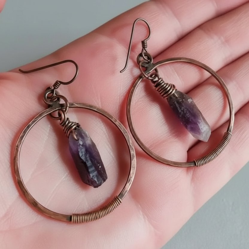 Santa Fe Marketplace Raw Amethyst Hoop Earrings | Raw Crystal Point | Handcrafted Electroformed Copper | Made to Order Product Image: Raw Amethyst Hoop Earrings | Raw Crystal Point | Handcrafted Electroformed Copper | Made to Order